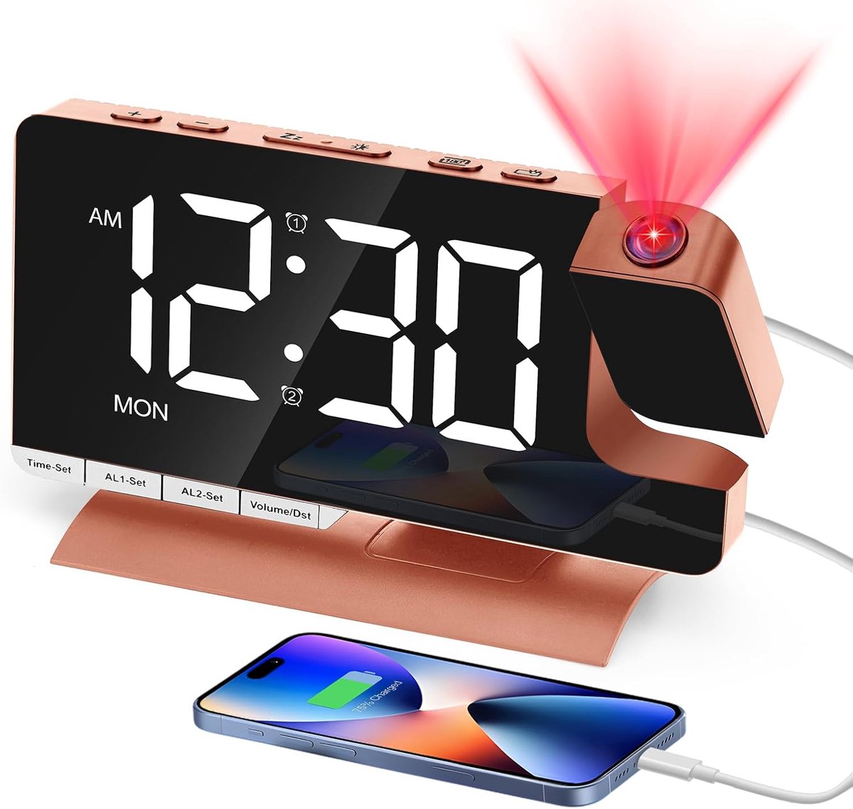 Projectorwekker met 19,9 cm (7,3 inch) led-spiegel-digitale bureauklok, 2 alarmen, USB-opladen, 6 instelbare helderheid, snooze 12/24H DST-projector, 180 graden en rotatie, digitale wekker