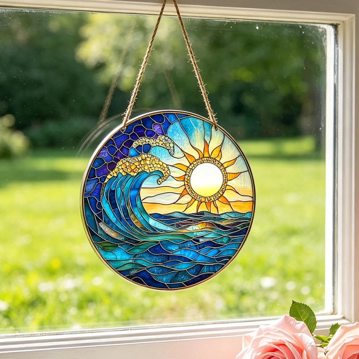 Zonnevanger met blauwe golven, 20 x 20 cm, acryl, kleurrijk, hangend voor ramen, tuin, glasstijl, voor ramen, woonkamer, terras, binnenmuren, balkon