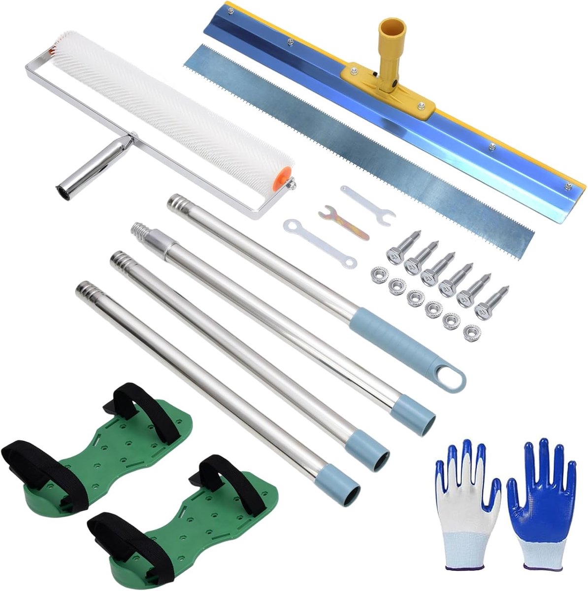 Ontluchtingsroller, set - 46 cm spijkerrol, 56 cm roestvrijstalen staafrakel, nagelschoenen en verstelbare telescoopstang (17-63 inch) voor epoxyhars compensatiemassa vloer