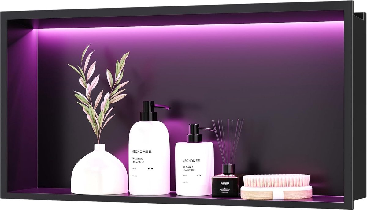 Roestvrij staal met RGB ledlicht, ingebedde doucheruimte zwart enkele plank opslag met afstandsbediening voor badkamer, 60 x 30 cm
