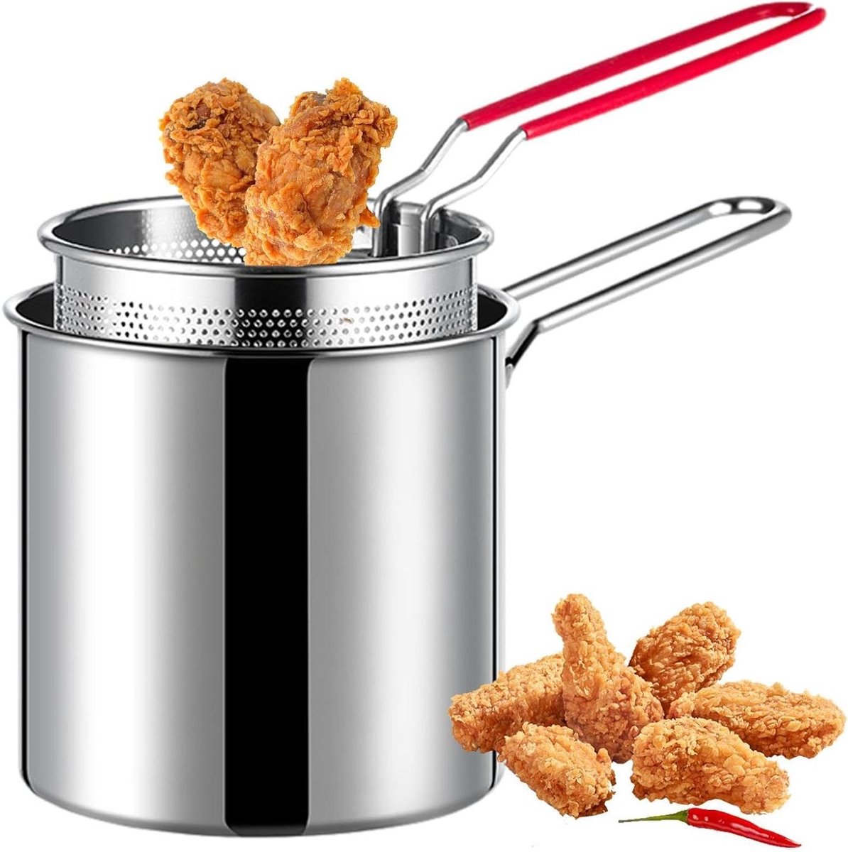 Friteuse met zeefmand - Diepe pan - Lekker Frituren - Roestvrij staal - 14 x 15 x 14 cm - Meerkleurig