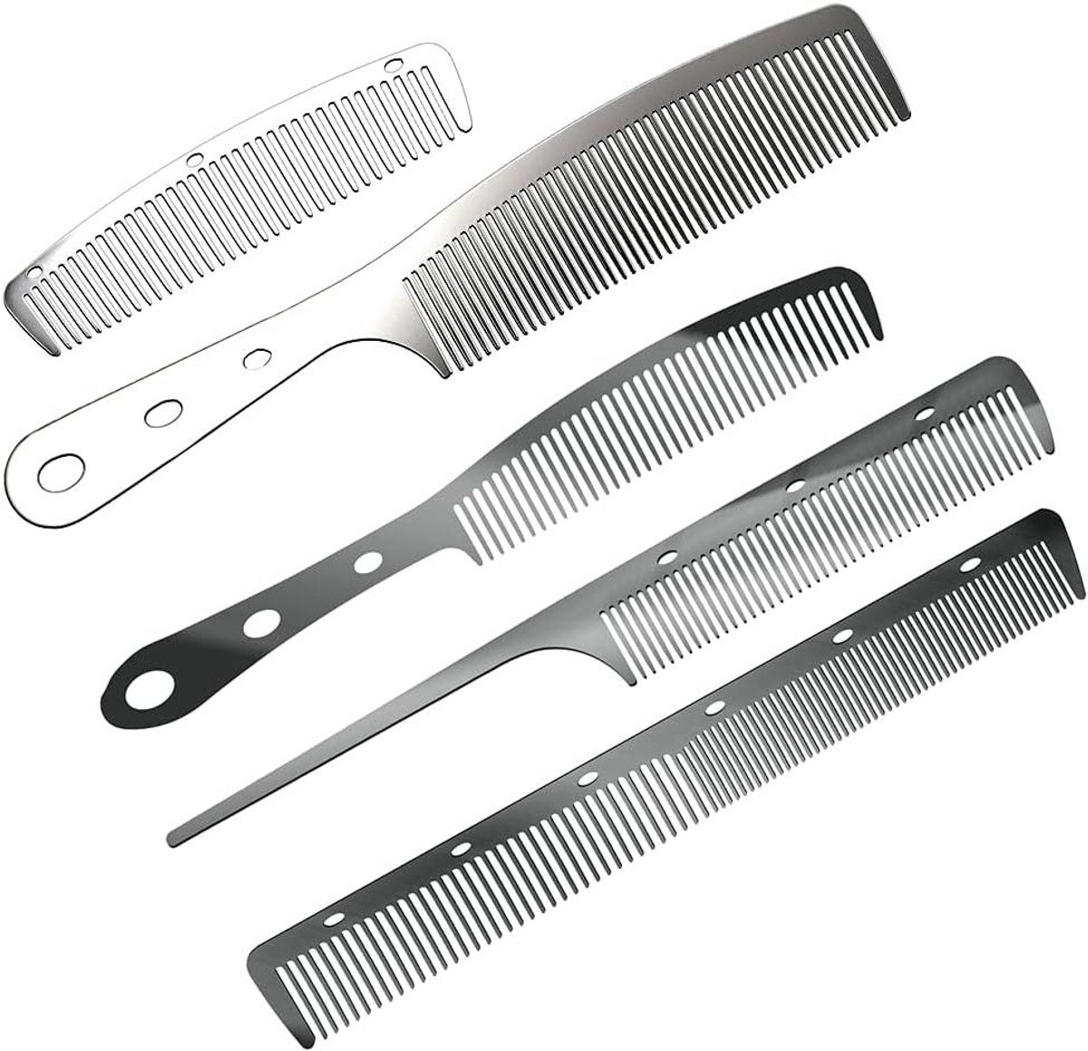 Metalen Kammen Set - Kapperskammen Roestvrij Staal - Haar Styling - Antistatisch Ontwerp - 5 Stuks - Zilver