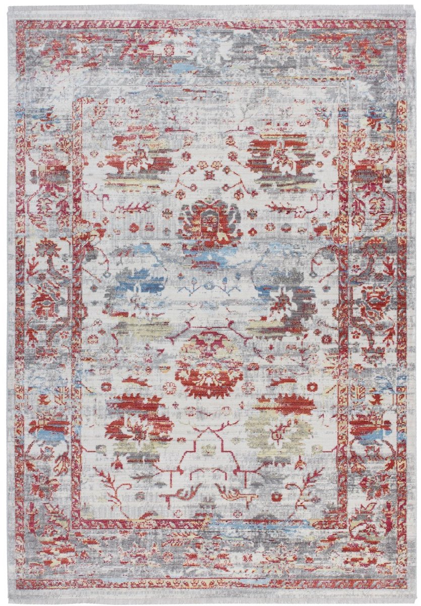 Padiro laagpolig vloerkleed 80 x 150 cm - rood / grijs - oosters vintage-look - met franjes - geschikt voor vloerverwarming - van polyester