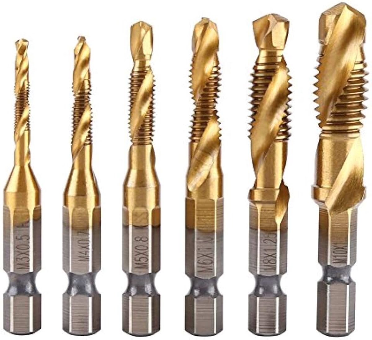 6-delige combinatieboor en tap, M3 / M4 / M5 / M6 / M8 / M10, metrische kraan, snelle stalen kraan, oppervlak door nitreren voor hoge hardheid, roestbestendigheid