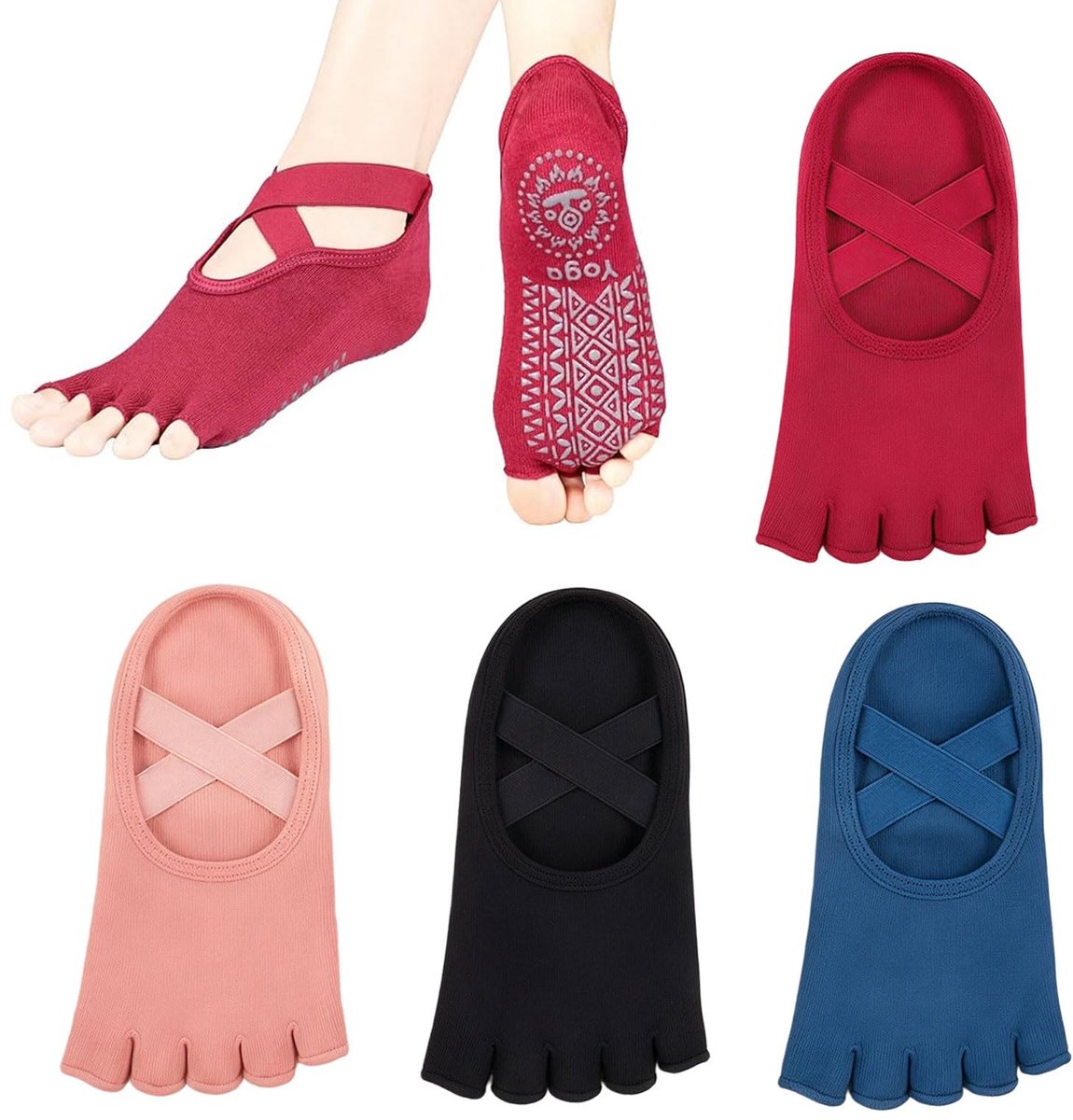 Sokken Dames, 4-delige Set Pilates Sokken met Anti-slip Zool, Tenen Sokken voor Barre, Dans en Thuis, EU 35–41
