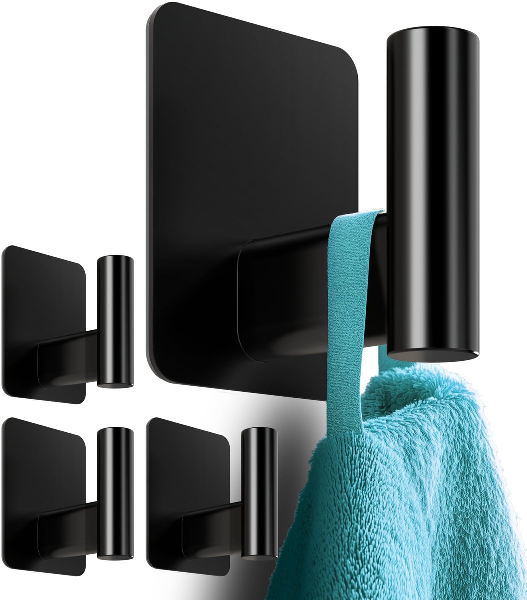 4smile Handdoekhouder zonder boren, set van 4, handdoekhaken van roestvrij staal, elegante en functionele kleefhaken voor de badkamer, zelfklevende haken, hoge draagkracht, waterdicht, mat zwart