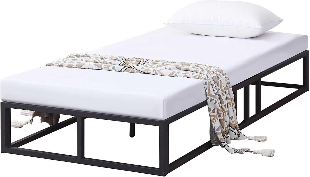 Bedframe Metaal - Eenpersoonsbed Frame - Slaapkamer Inrichten - Met Lattenbodem - 90x200 cm - Mat Zwart