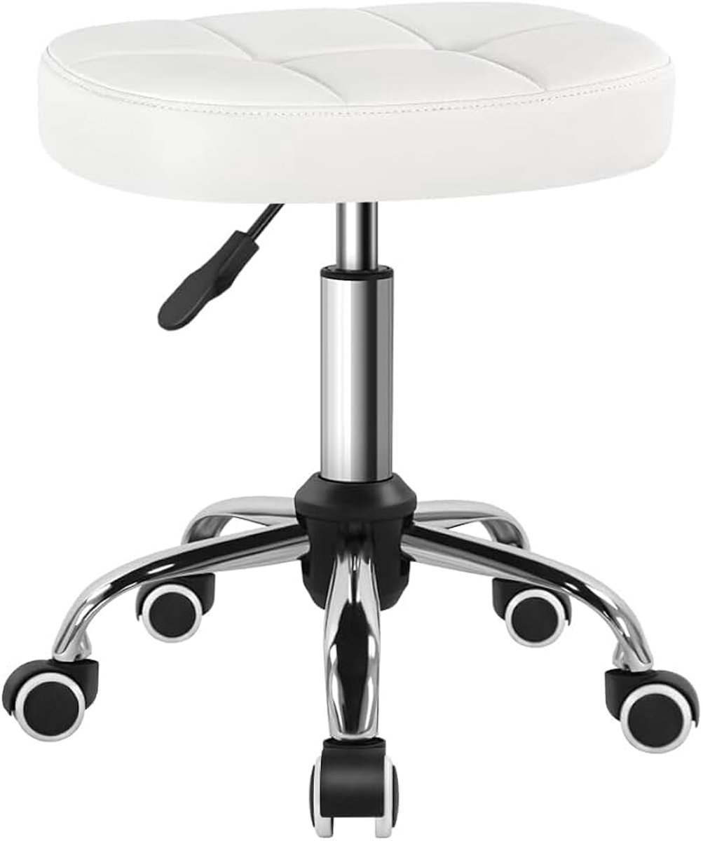 Witte minimalistische draaibare kruk met wiel perfect voor werk SPA winkel massage in hoogte verstelbare en kosteneffectieve rolkruk stoel met vierkante zitting