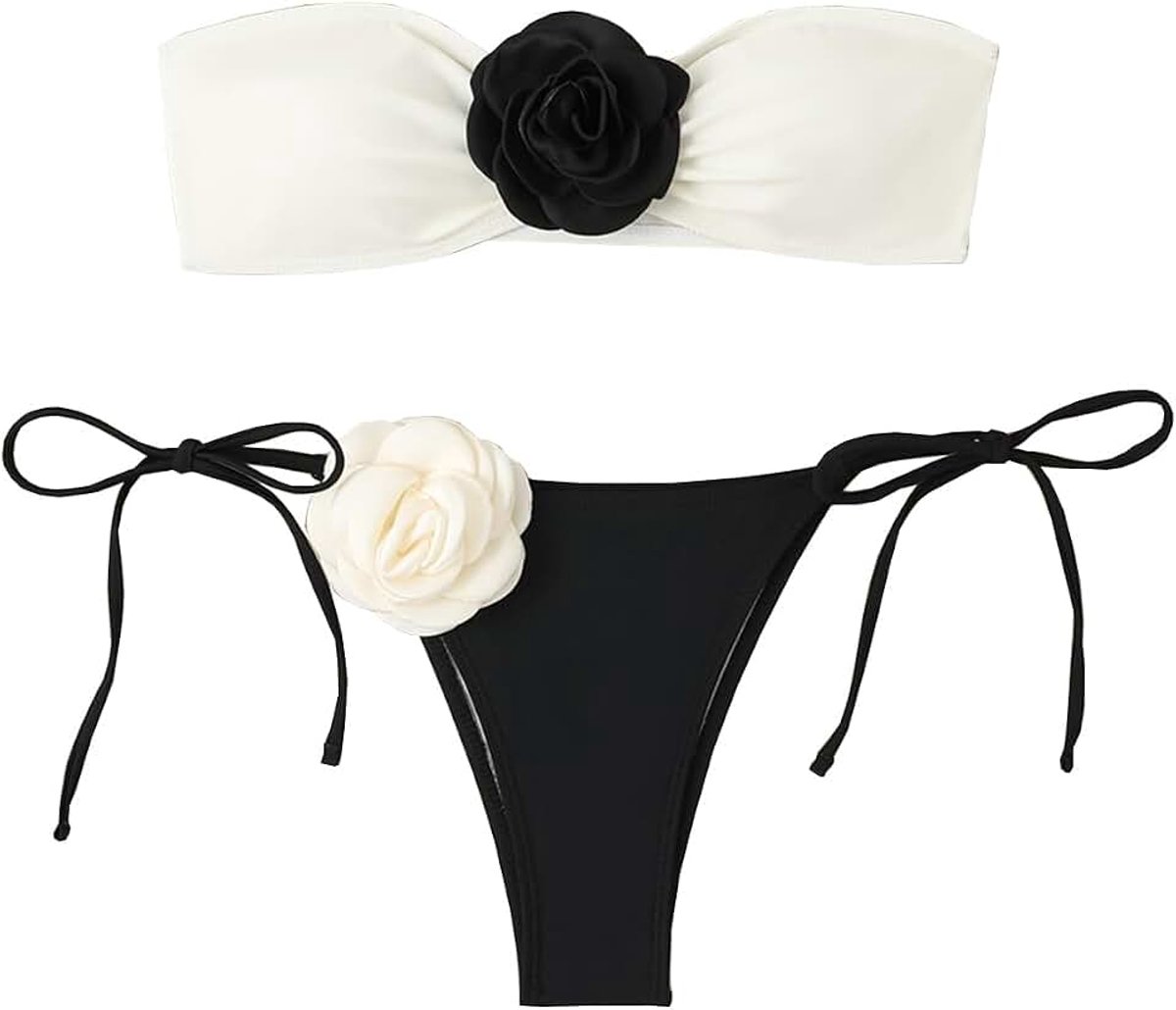 Bandeau Bikini Set 3D Bloemen Leuke Bikini's High Cut Strapless Sexy BH En Broek Badpak Badpak Badpak voor Vrouwen