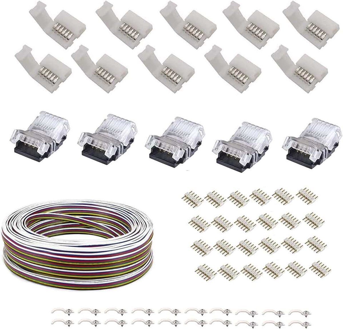 5 m 6-polige verlengkabel voor led, 12 mm, flexibele kleurverandering RGB+CCT 5050 met 10 Gapless stekkers, 20 led-stripclips, multicolor