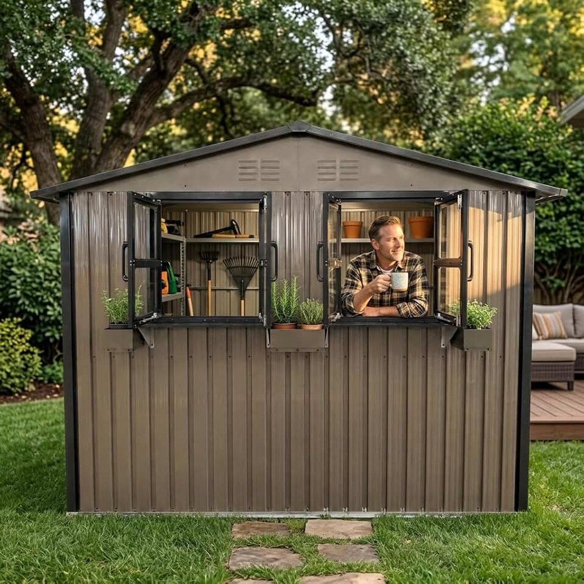 Gereedschapsschuur met dubbele deuren, tuinhuis van staal met bloemenrek en ramen, outdoor gereedschapsschuur voor fietsen en tuingereedschap, bruin-zwart (bruin + zwart, 1,8 x 2,7 m)