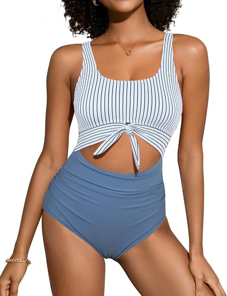 Eendelig badpak voor dames met ruches, figuurcorrigerend badpak, met cutout, stropdas