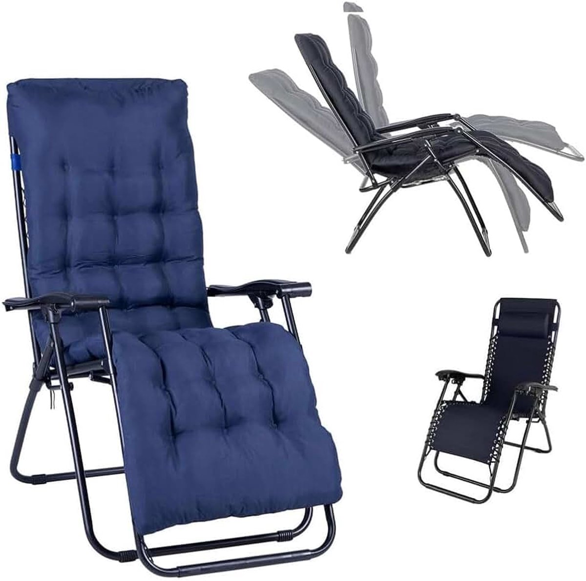 Dogan Gravity Zero Tuinstoel, ligstoel voor buiten, inklapbaar, ruimtebesparend, frame van metalen buis, kantelbaar, zitting van textiel, zee (blauw met kussen)