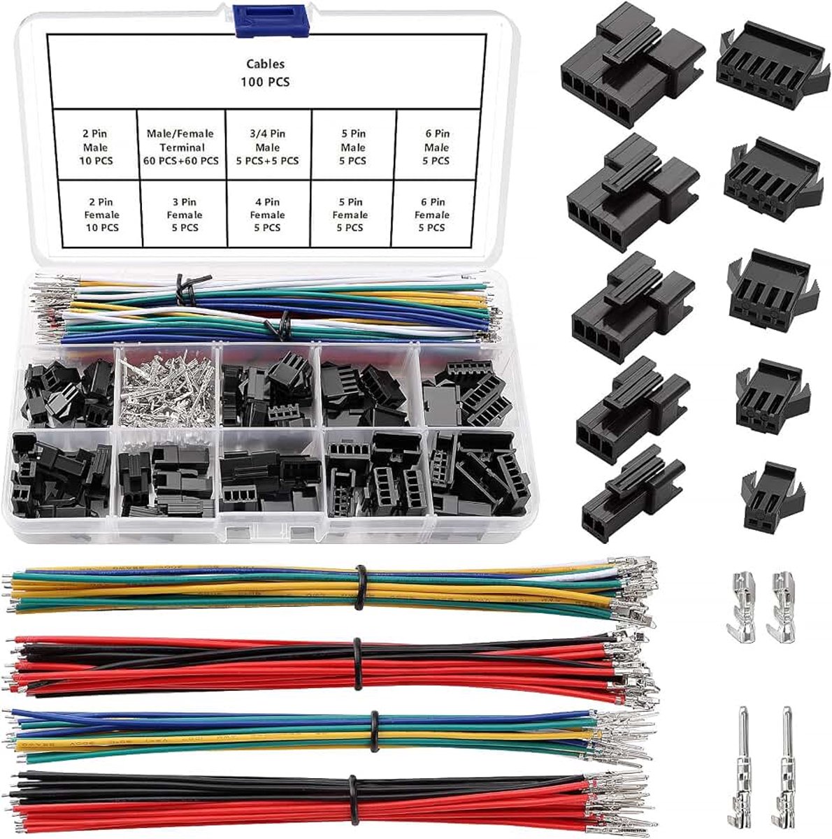 280 Stuks 2.5mm 2/3/4/5/6-Pins JST-SYP Connectorset, JST SYP Vrouwelijke en Mannelijke Stekkerbehuizing Krimpconnectorset, met 22AWG Enkelvoudige Kop Voorgekrompen Kabeldraad