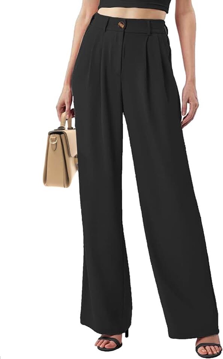 Damesbroek met hoge taille, casual broek met zakken, brede pijpen, lange broek, palazzo broek voor business, kantoor, comfortabele broek, elastisch