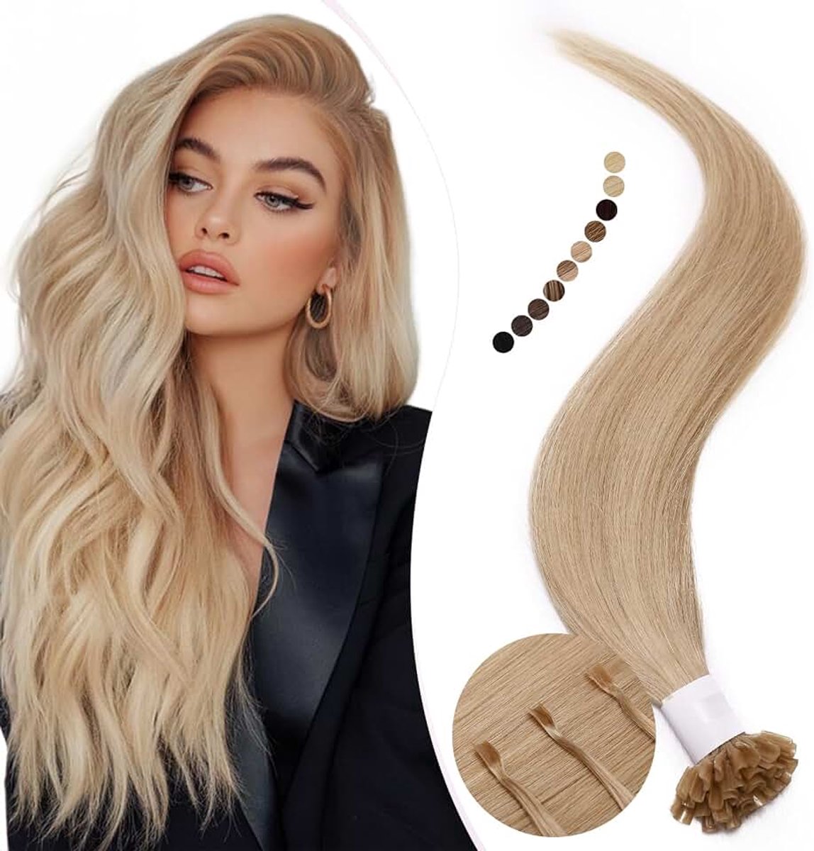 Haarextensies van echt haar, bondings, haarverlenging, blond, U-tip, keratine, haarextensie, glad, 25 strengen, 25 g, 40 cm, #24 middenblond