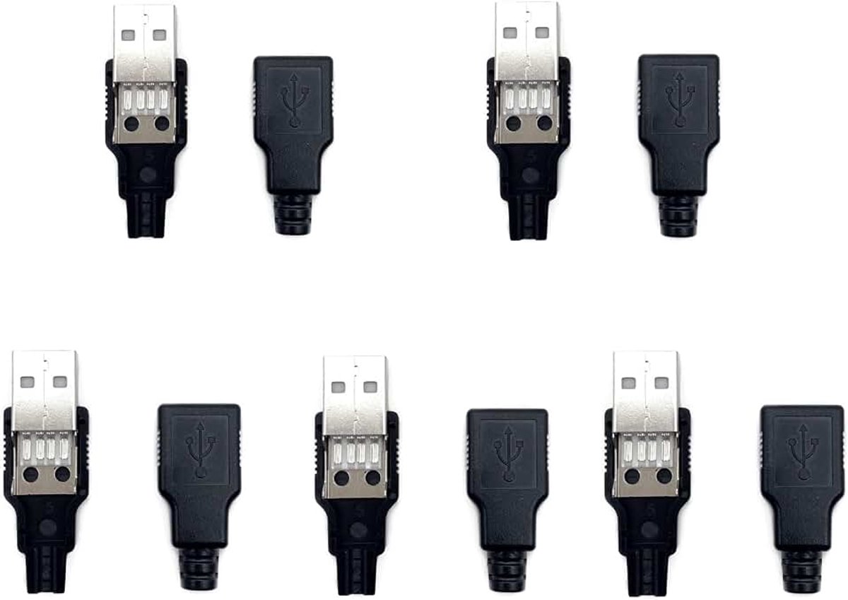 5 x DIY USB A-stekker, USB type A 4-pins stekker jack-adapterstekker met zwarte kunststof afdekking, USB-stekker soldeerreparatievervanging voor doe-het-zelf voeding, steekbord, PCB printplaat
