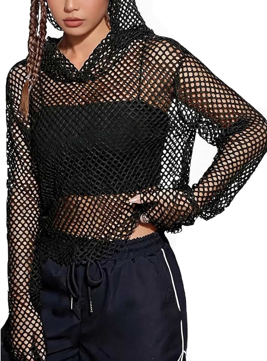 Dames Nettop Lange Mouw Mesh Hoodie