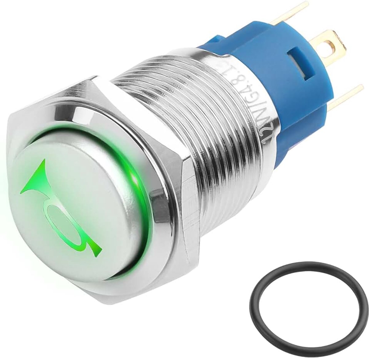 12 V autoclaxon-knop, schakelaar, groen ledlicht, aan/uit, resetschakelaar, sleutel, IP66, waterdicht, metalen luidspreker, motorfiets, power tuimelknop (16 mm)