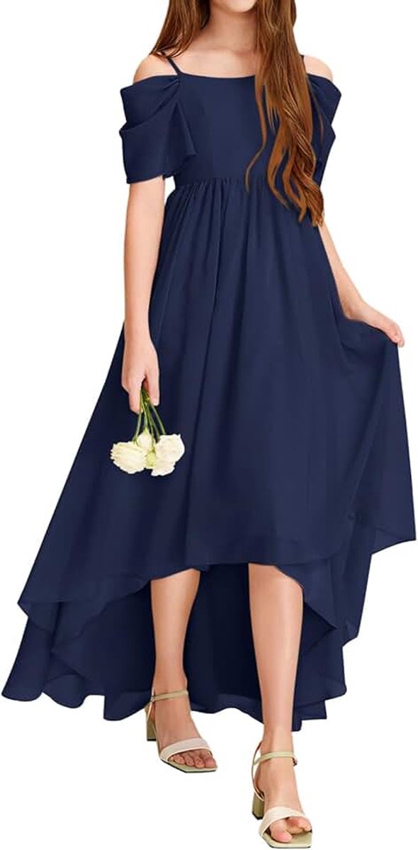 Meisjesjurk, schoudervrij, ruches, zomerjurk, kinderen, A-lijn, effen, jurk, elegante feestjurk, bruiloft, verjaardag, feestelijke jurken