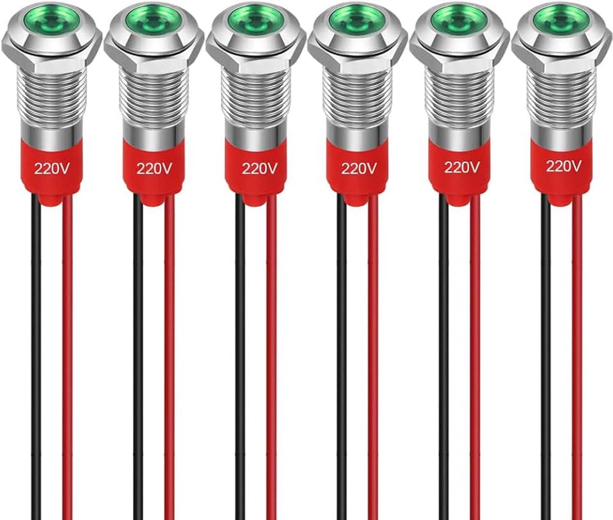 6 stuks 8 mm LED-indicatielampje 220-230V Waterdicht Signaallicht Metalen Paneel LED-indicatielampje Paneelmontage Platte Kop met Draden Zilver Omhulsel (Groen)