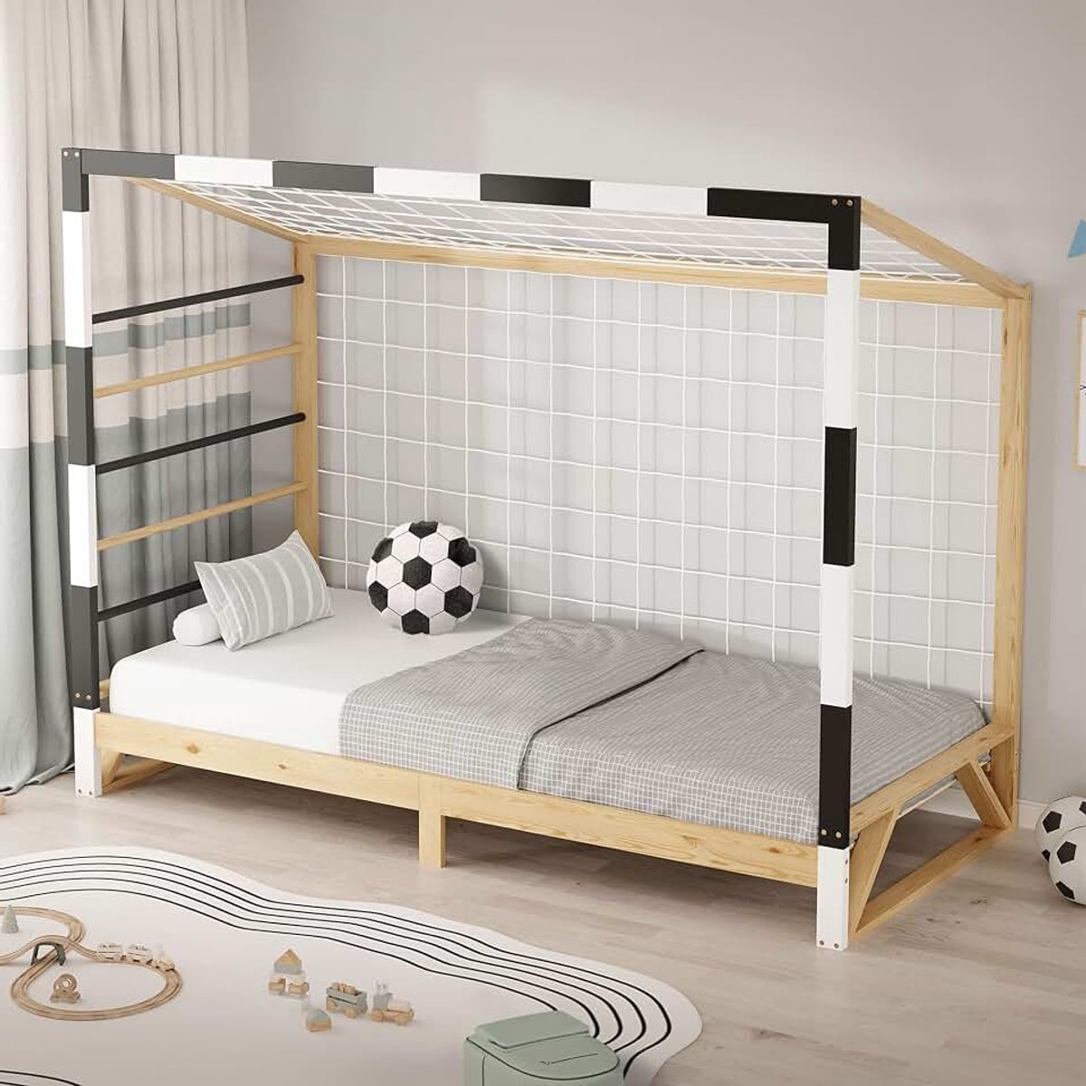 Kinderbed met Voetbaldoel 90x200 cm Houten Tienerbed met Lattenbodem Klimladder & Net Speelbed van Massief Grenen Eenpersoons Slaapframe voor Jongens en Meisjes Sportbed met Doelnet