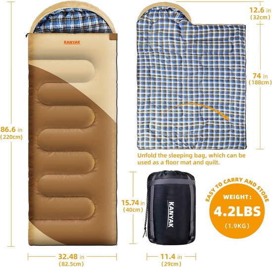 Kampeer slaapzak - Outdoor tas - Buiten slapen - Waterdicht & ademend - 220x82 cm - Beige & Aardegeel — afbeelding 3