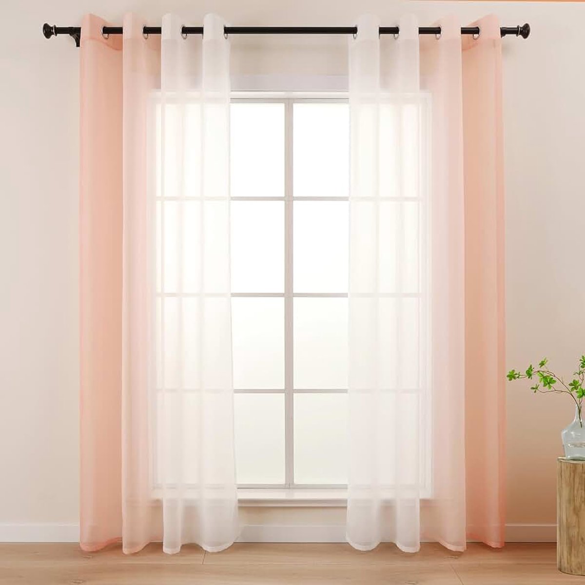 Gordijnen met kleurverloop, gordijn roze wit, voor woonkamer, kinderen, meisjes, slaapkamer, raam, transparant, met inslagringen, set van 2, voile, gordijnen, 140 x 145 cm, kort,
