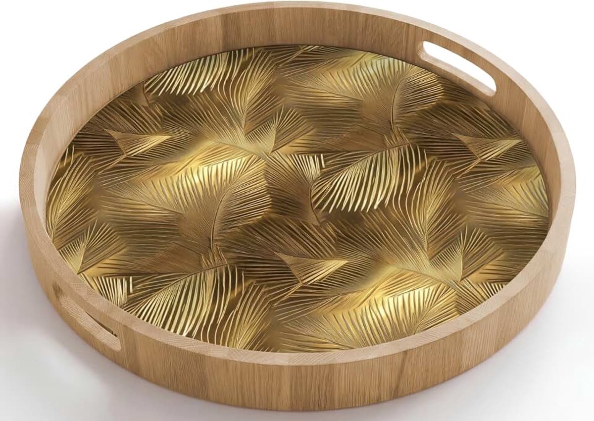 Dienblad Rond 50x50 cm Serveerblad Met Handgrepen Krasbestendig Hittebestendig Eikenhout Wooden Serving Tray Koffie Thee Palm - Waaier - Goud