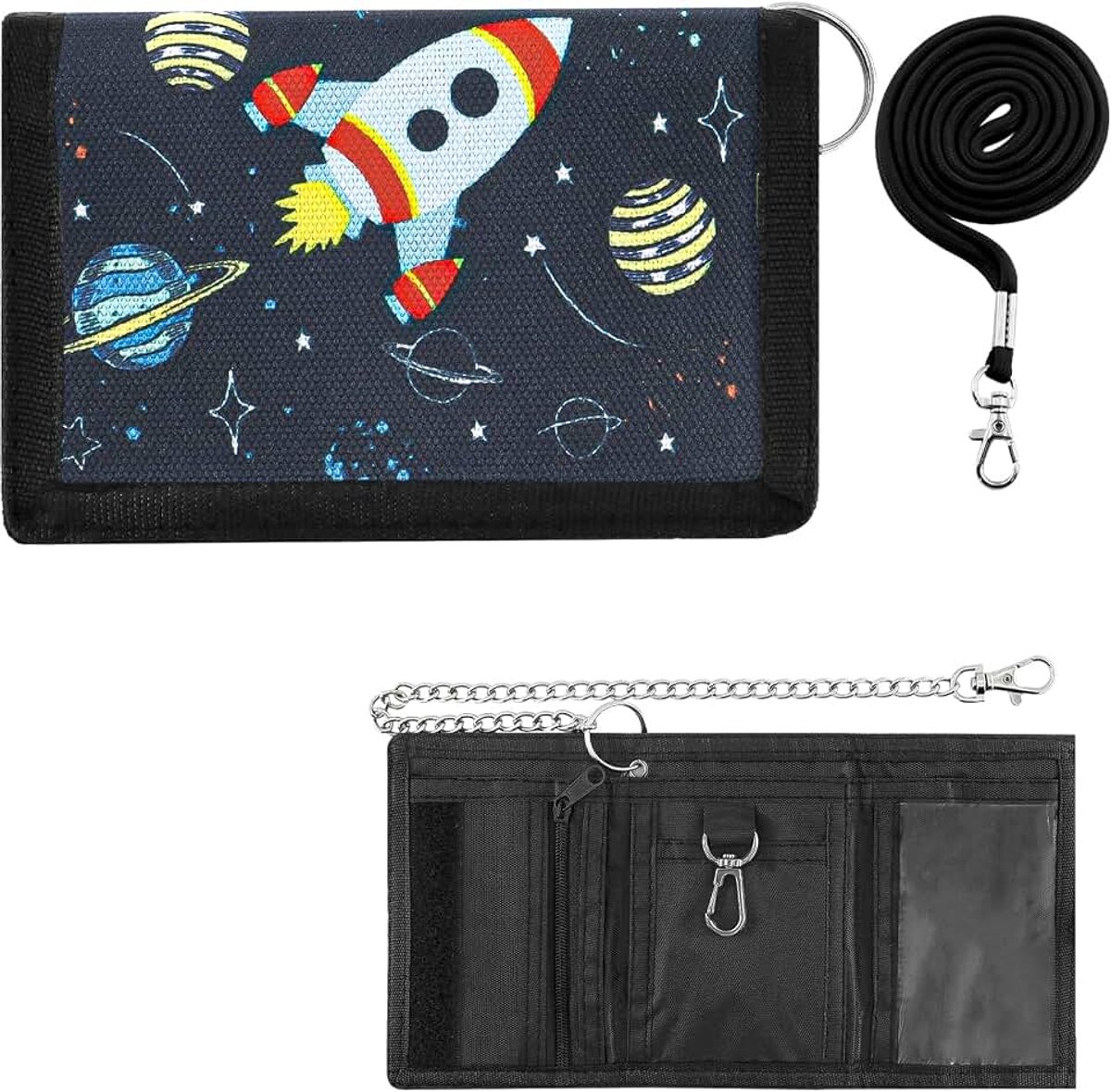 Kinderportemonnee met klittenbandsluiting, trekkoord, metalen ketting, bankbiljettenvak en muntvak, 8 x 12 cm, opvouwbare dinosaurus-motieven, cadeau voor kinderen, ruimteplaneten, 8 x 12 x 1