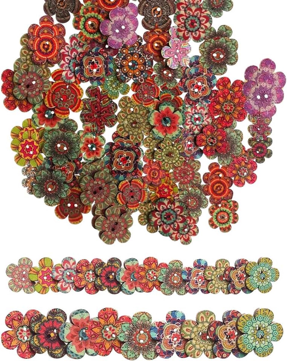 Knopen in vintage stijl, 20/25 mm, kleurrijke knopen met Boheemse patronen, voor knutselen, naaien, kleding, doe-het-zelf, decoratie, kleurrijke houten knopen, decoratieve
