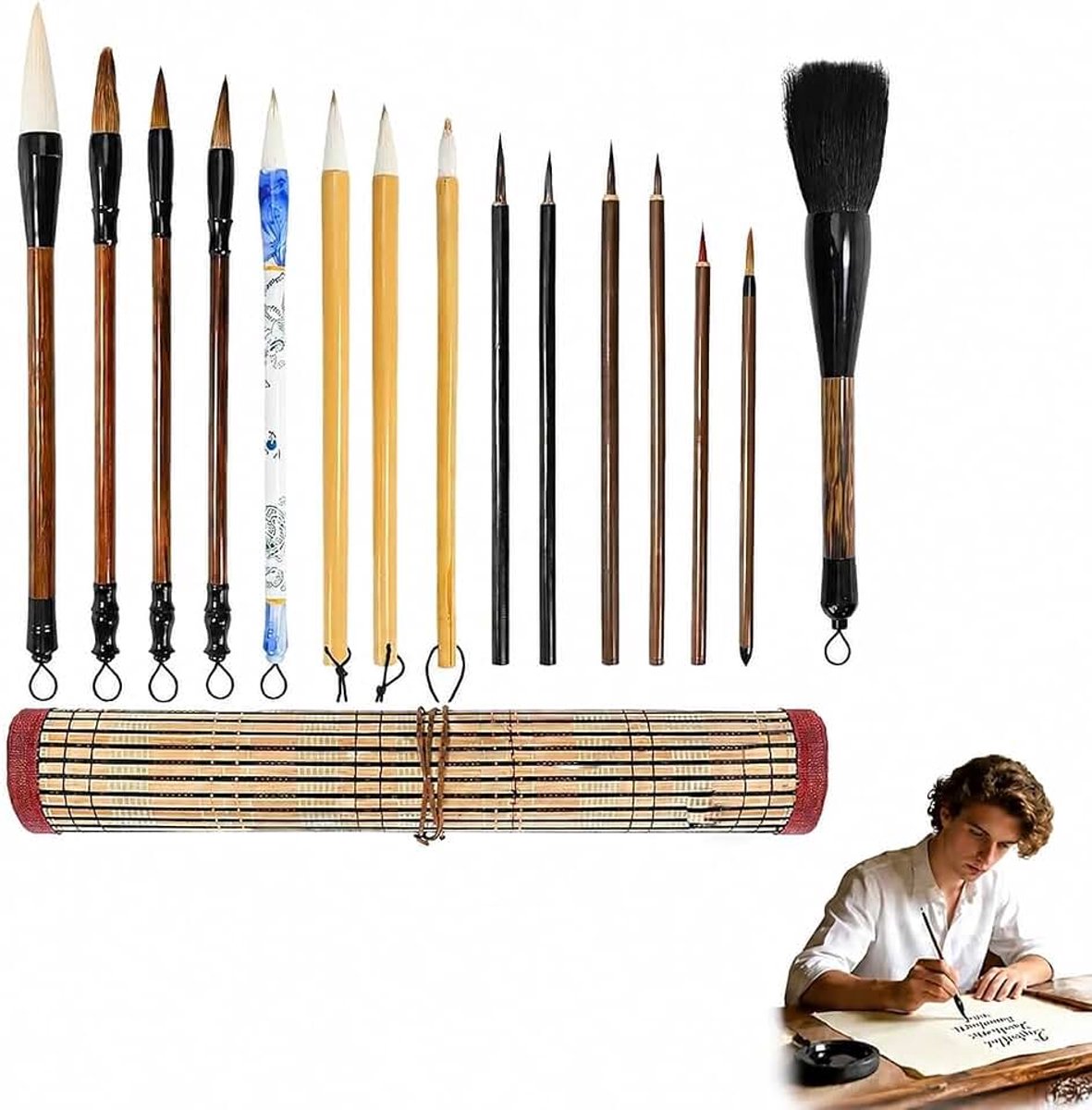 Kalligrafieborstel set 15 stuks kalligrafiepenselen met bamboe etui, verschillende maten, zwart naturel, voor schilderen en schrijven