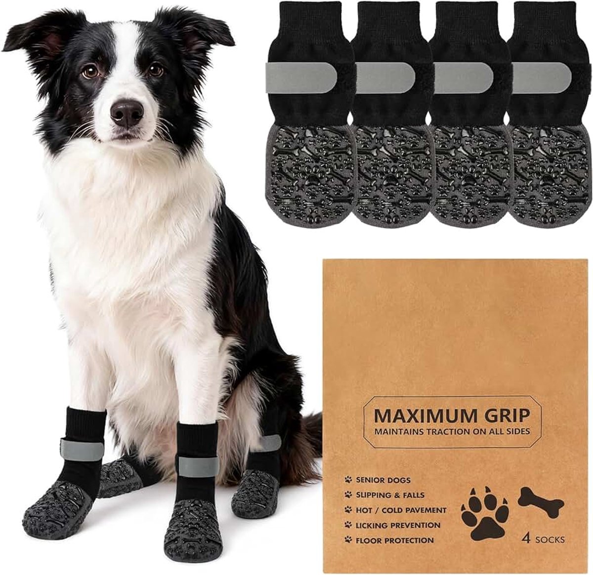 2 paar antislip hondensokken, pootbescherming voor honden met verstelbare riemen, bescherming tegen likken aan de poten, hondensokken voor het lopen op houten vloeren, M