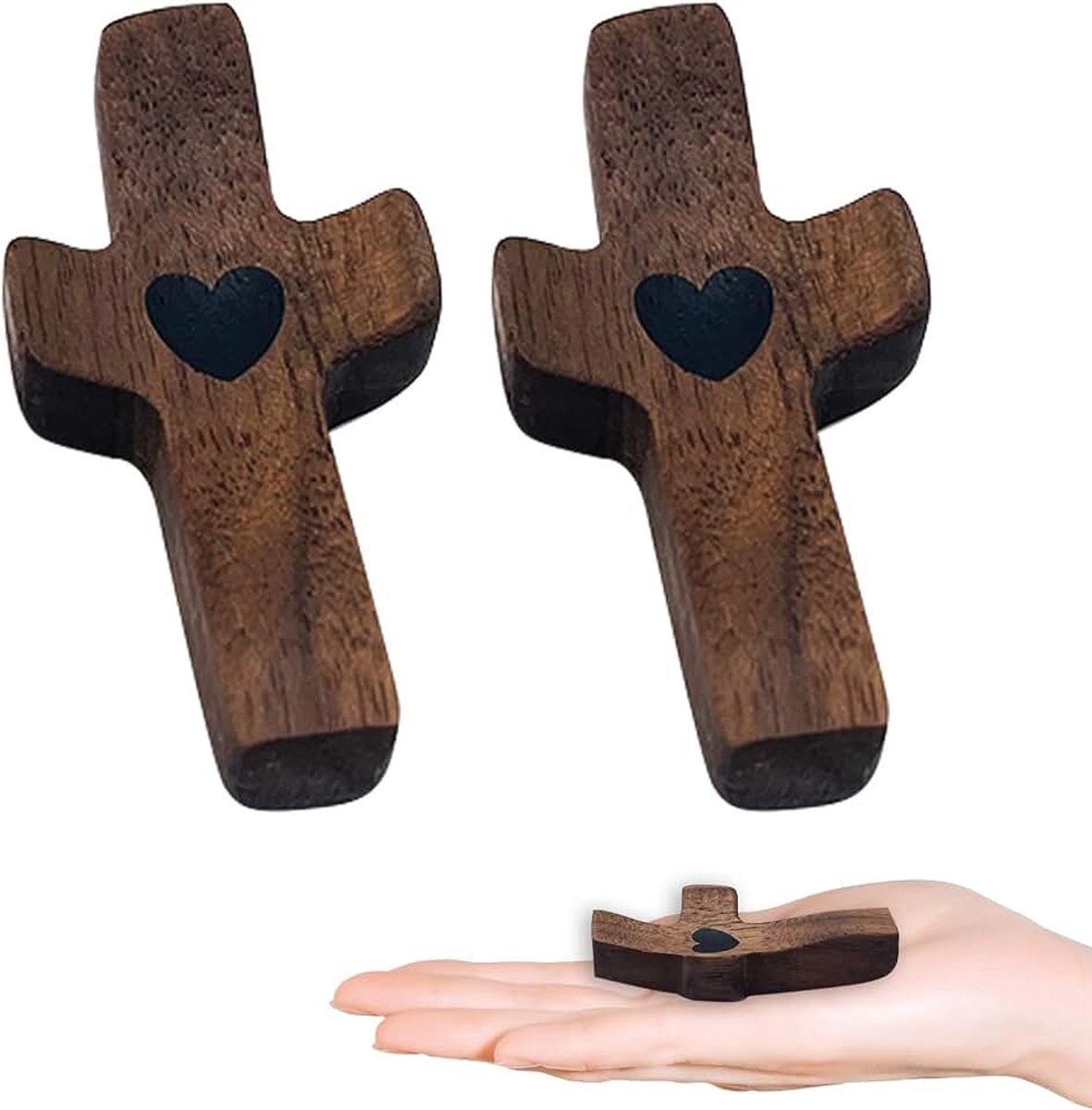 2 stuks gesneden houten kruis, wandbehang, handgesneden liefdeskruis van hout met harten, troostkruis om vast te klemmen, voor doop, communie, gedachtebeden
