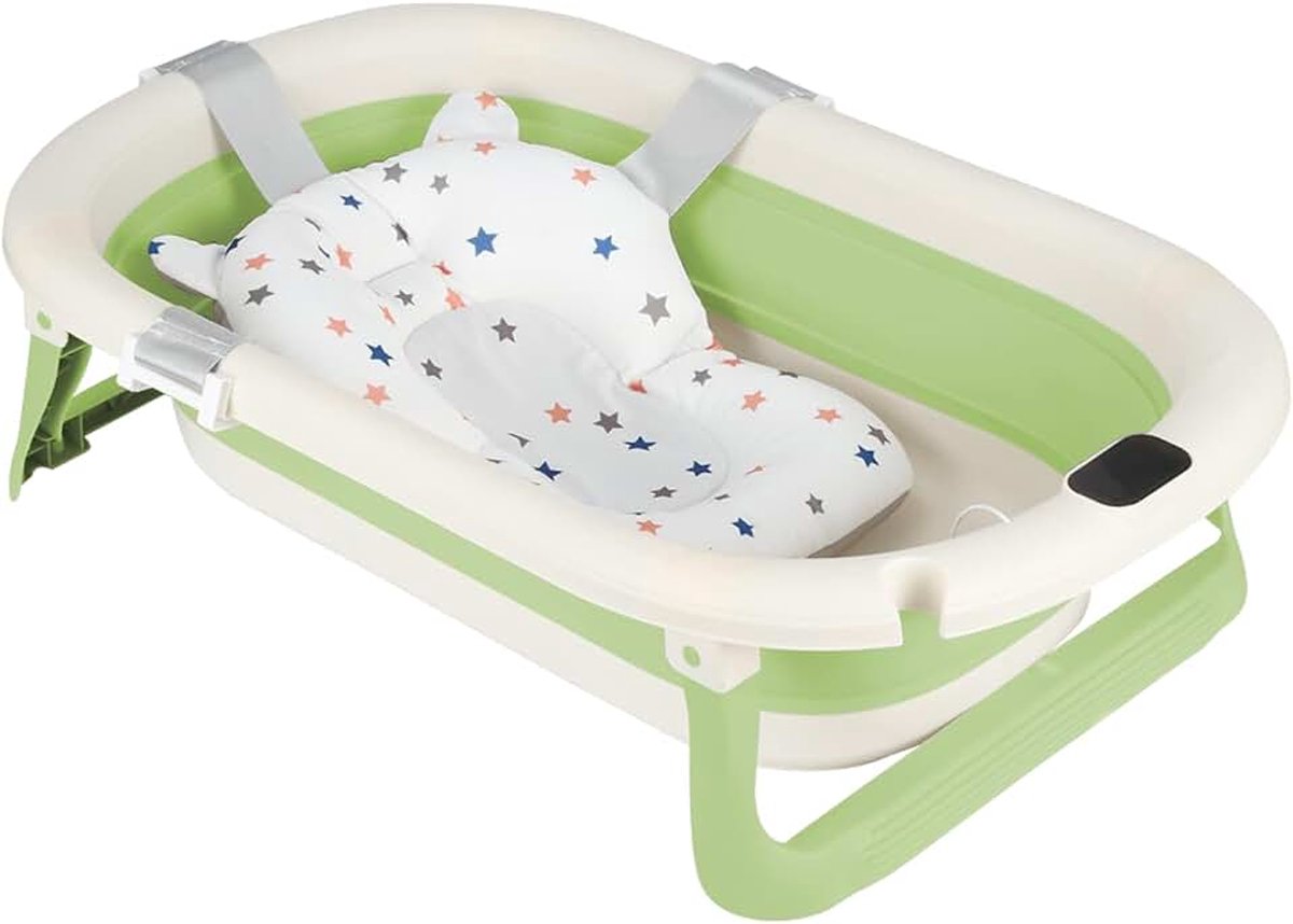 Babywanne Opvouwbaar met schattig patroon drijvend kussen - babybadwanne XL met badthermometer - vanaf de geboorte tot 3 jaar - baby bad - geboortecadeau meisje of jongen (groen)
