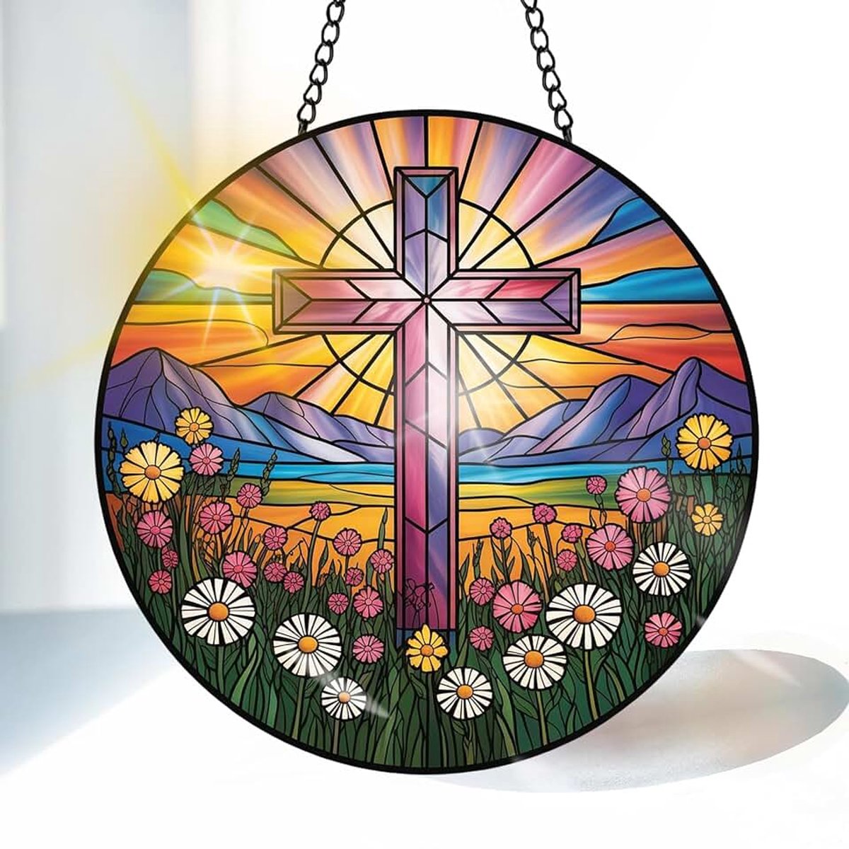 Kruis Gekleurde Glas Zonnevanger 20 cm, Decoratief Religie Glasraam Ornament met Ketting en Ophanghaak, Raamdecoratie voor Venster, Woonkamer, Tuin of Balkon, Cadeau Idee A
