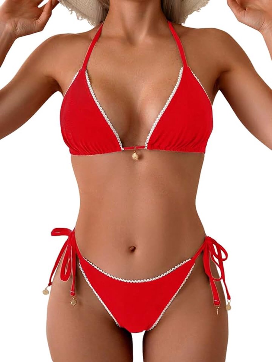 Dames bikini set driehoek bikini halter hoge taille bikinibroek met binddetail zonder beugel tweedelig met kanten rand