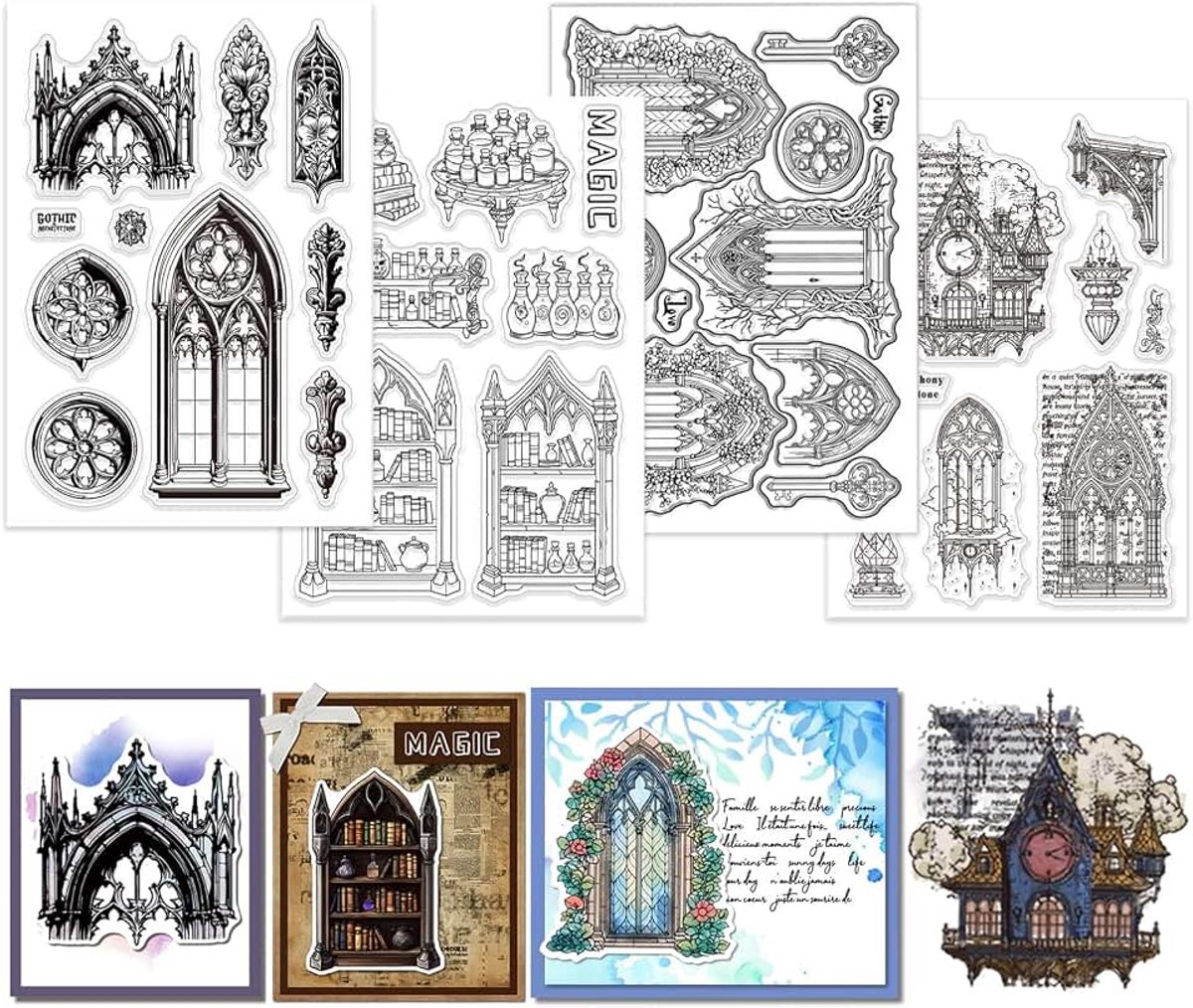 4 vellen gotische architectuur duidelijke stempel voor scrapbooking, vensterdeur, siliconen stempel, kerkgebouwen, transparante stempelset voor kaartontwerp, doe-het-zelf reliëf, journaling