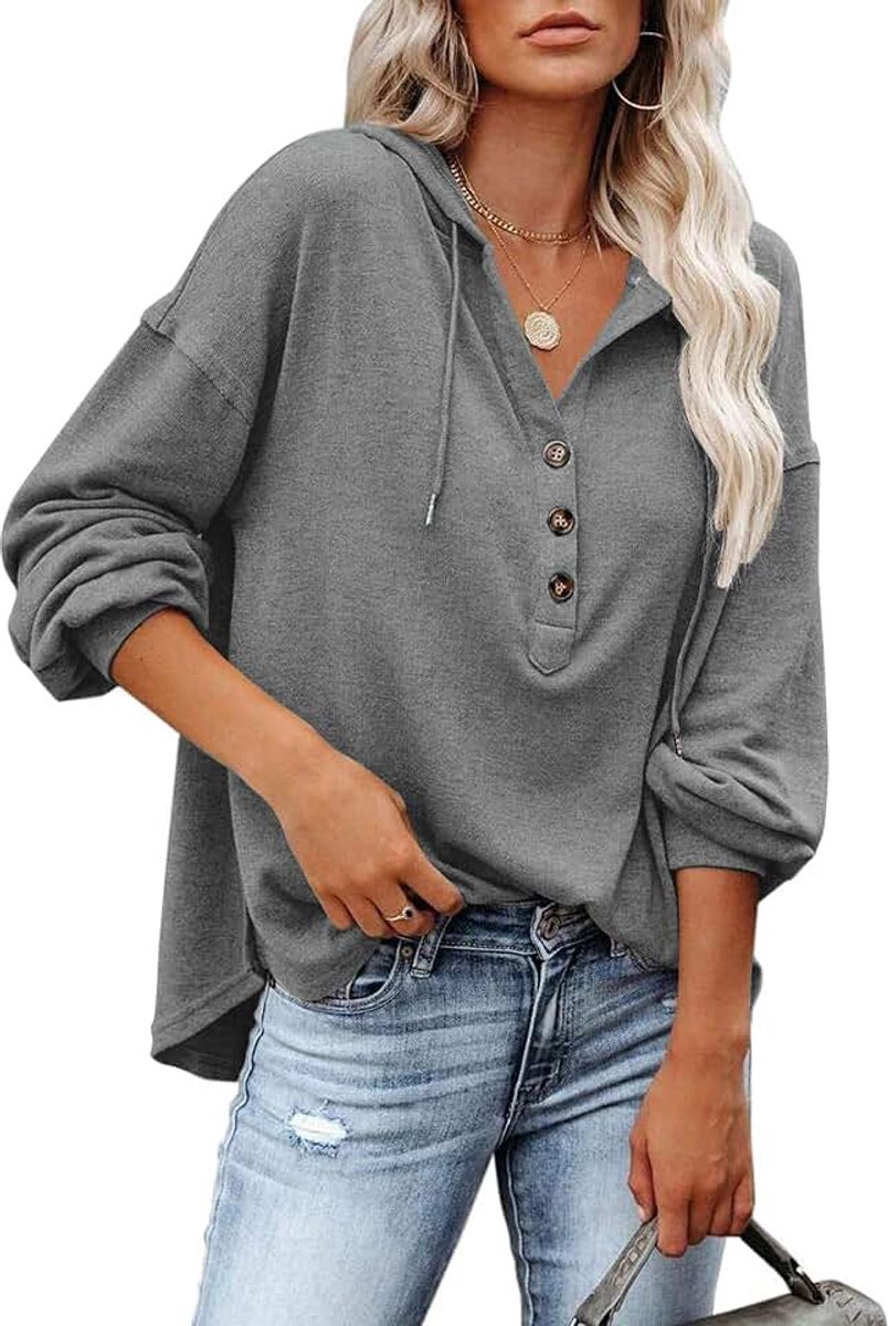 Hooded Sweater Vrouwen Lange Mouwen Knoppen Pullover met Trekkoord Leisure V-hals Hooded Henley Sweatshirt Classic
