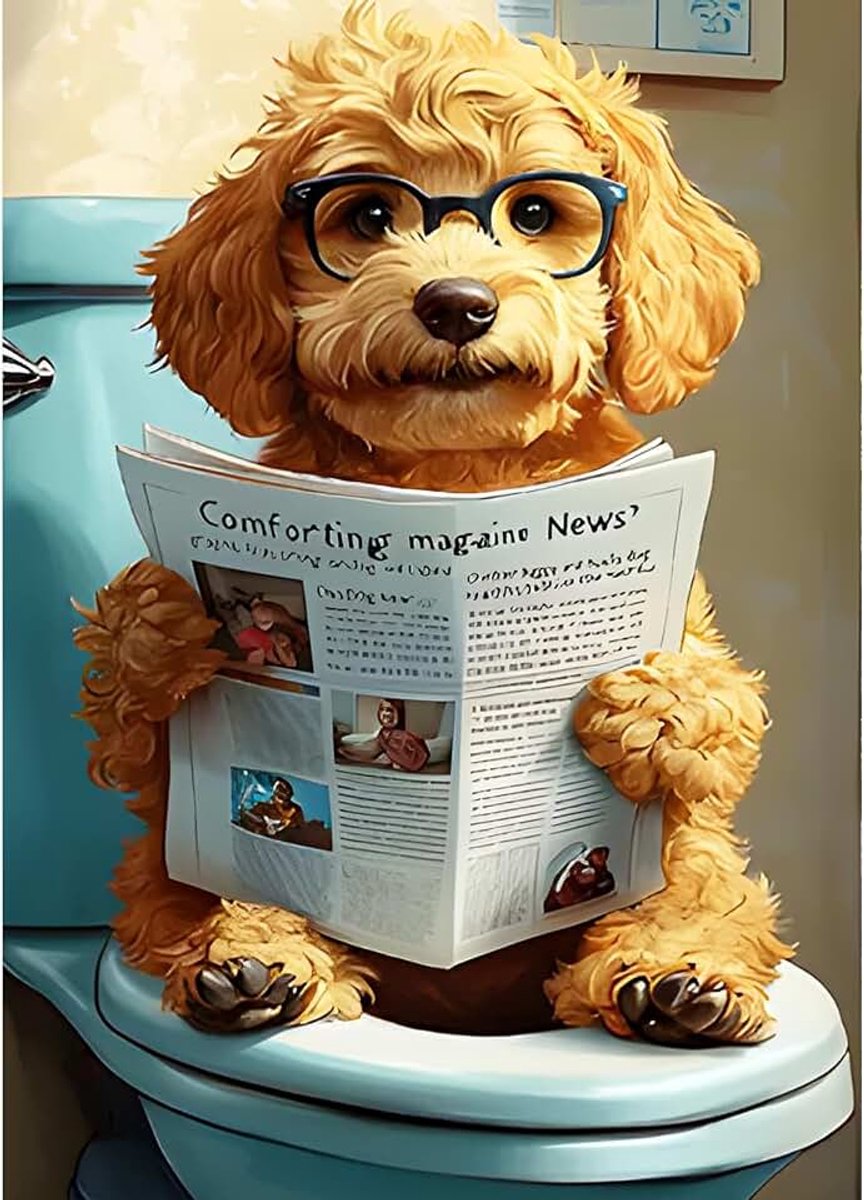 Doe-het-zelf hondenlees-nieuwspaper, 5D Diamond Art Kits, ronde volledige drill Sparkling Badkamer Diamond Painting Picture, Puppy Painting op nummer Art Kits voor volwassenen Beginners Home