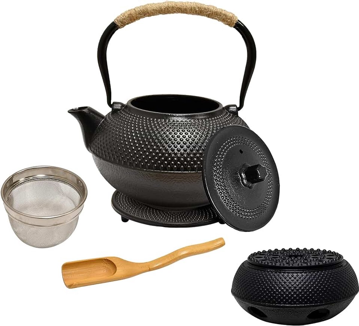 Theepot van gietijzer, 1,5 l, zwart, Japanse met roestvrijstalen zeef, gietijzeren kan voor losse thee in Aziatische stijl, Zestaw Do Herbaty (theepot met stoofje (5-delig))