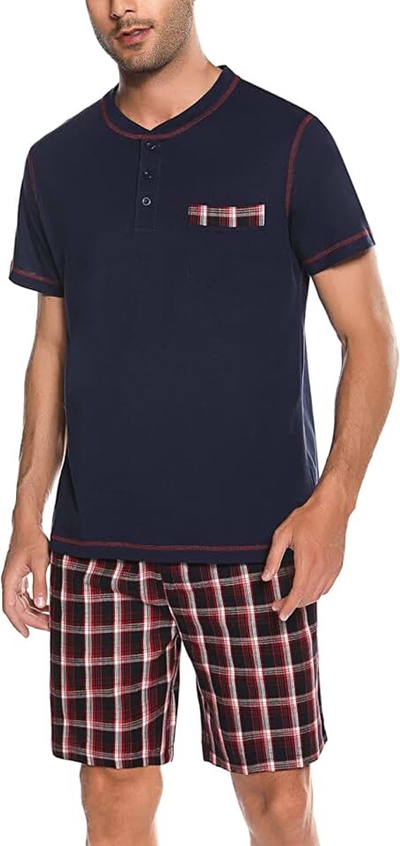 Pyjama heren korte pyjama tweedelige korte mouwen nachtkleding van 100% katoen pyjamaset zomer sleepwear, zwart, S
