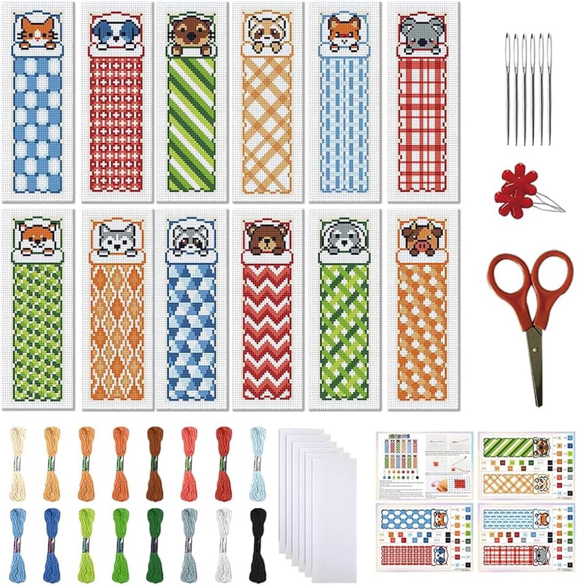 12 Set Kruissteek Bladwijzer Kit 11CT DIY Kruissteek Kits Dier Quilt Patroon Gestempeld Borduurwerk Kit met Instructies Bladwijzer Maken Set voor Volwassen Beginners 8x2.4"