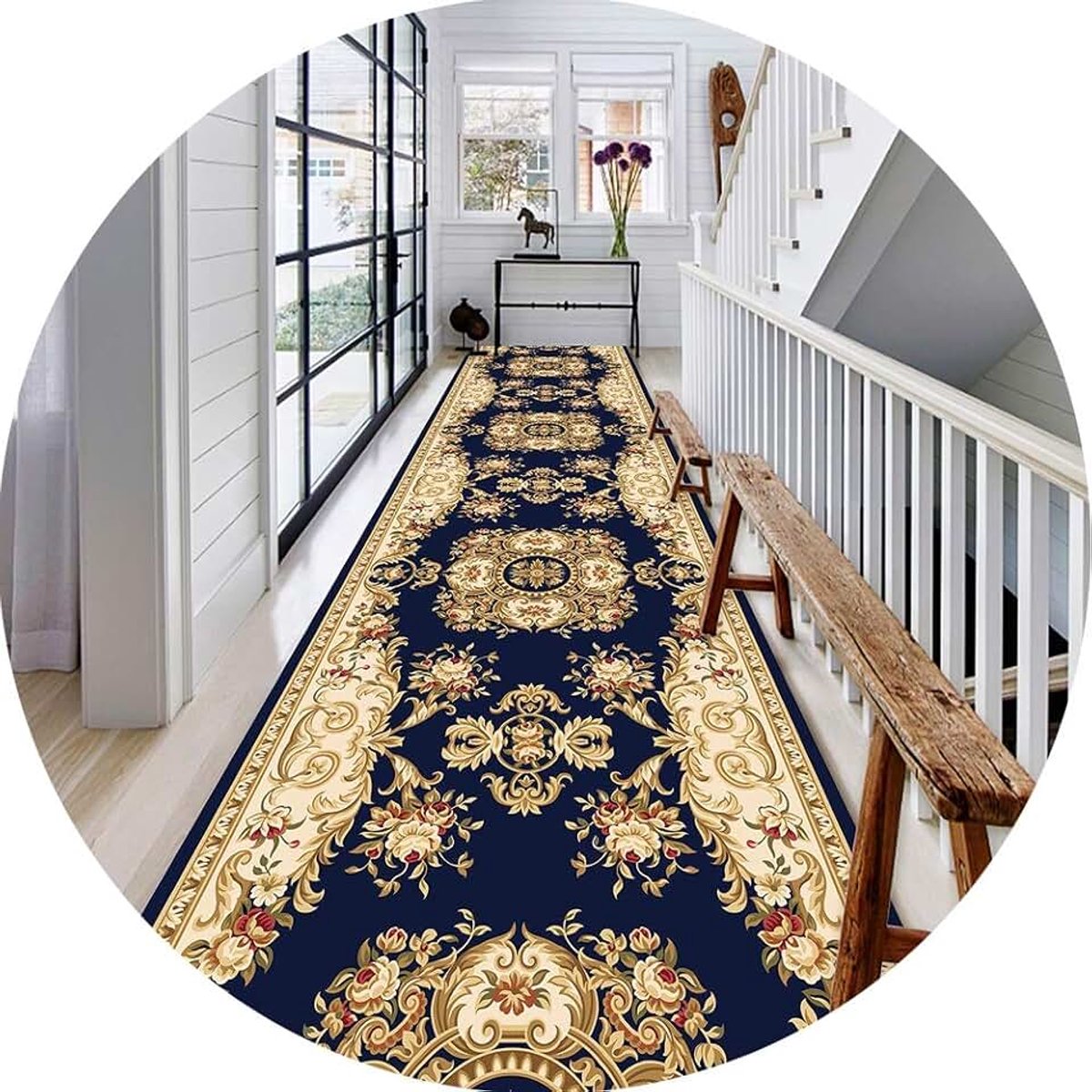 Wandelmatten voor hal gebiedsmat gangmat Nordic Blue Print Tapijt Antislip Toegangskussen wasbaar, aanpasbaar (kleur: A, maat: 0,5 x 2 m)