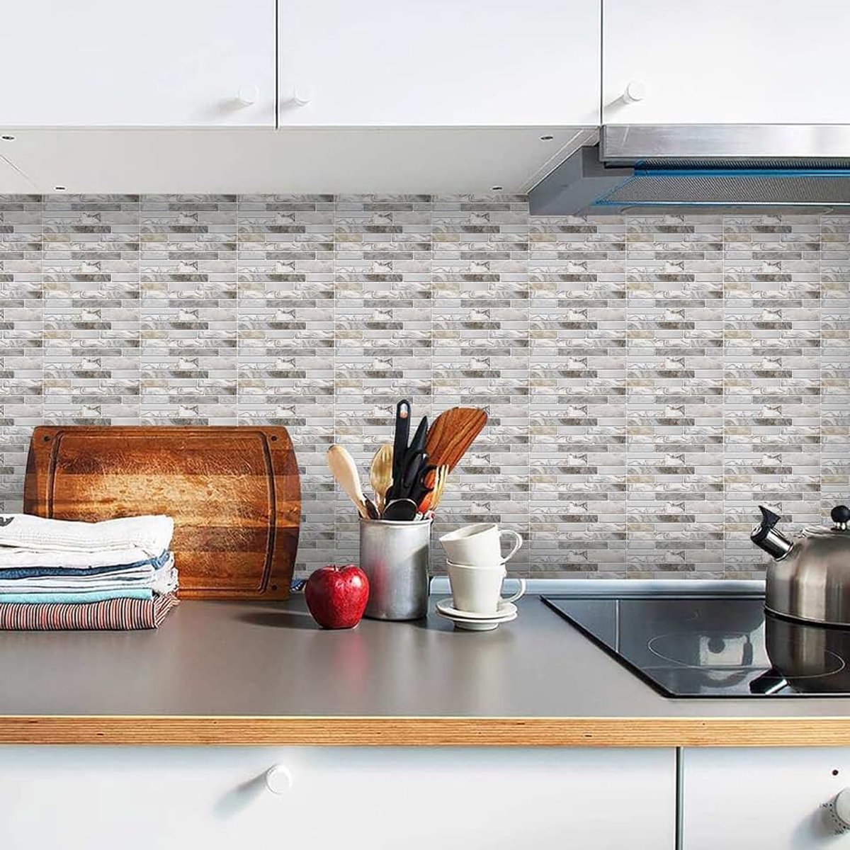 Decoratie Sticker Tegels - Plakstrips Muur Baksteen Behang Sticktiles Marmer Wit Grijs - 15x15 cm - 15 stuks Zelfklevende Plakfolie Tegelstickers - Badkamer - Keuken