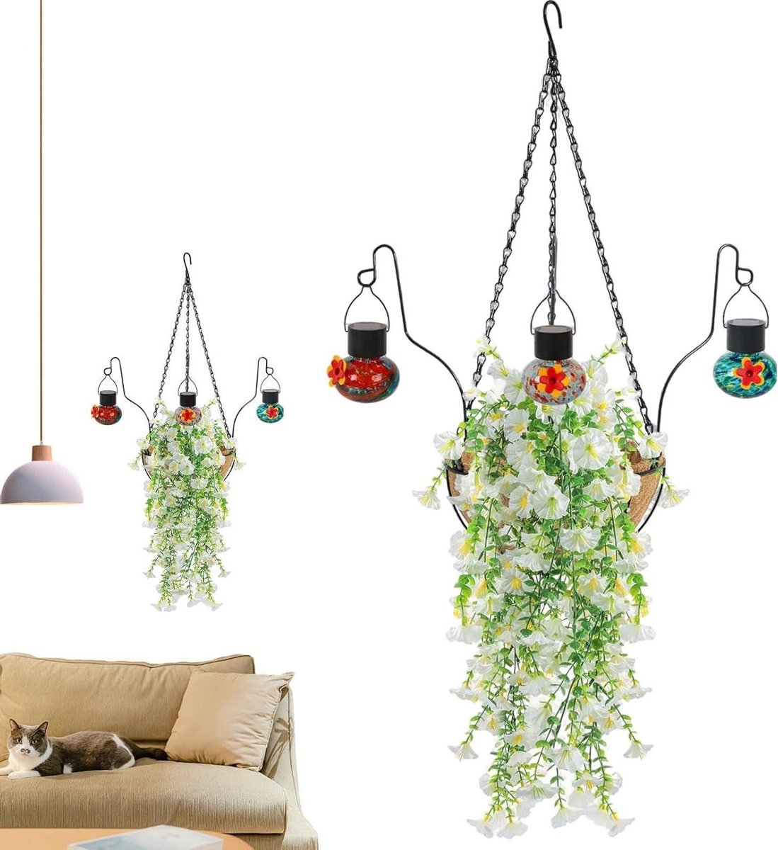 Kunstbloemen Vogelvoeder - Decoratieve Bloemenmand - Vogels Voederen - Natuurlijke Uitstraling - 76x20 cm - Wit