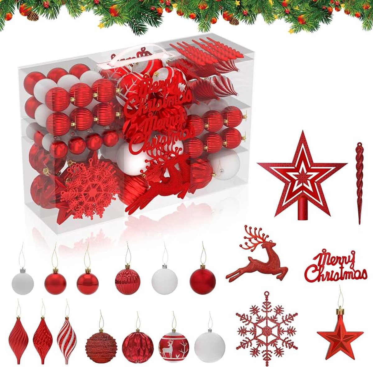 Kerstballen kunststof 108 stuks kerstboomversiering met ster punt Christmas Decorators ophangen kerstboomversiering - Rood