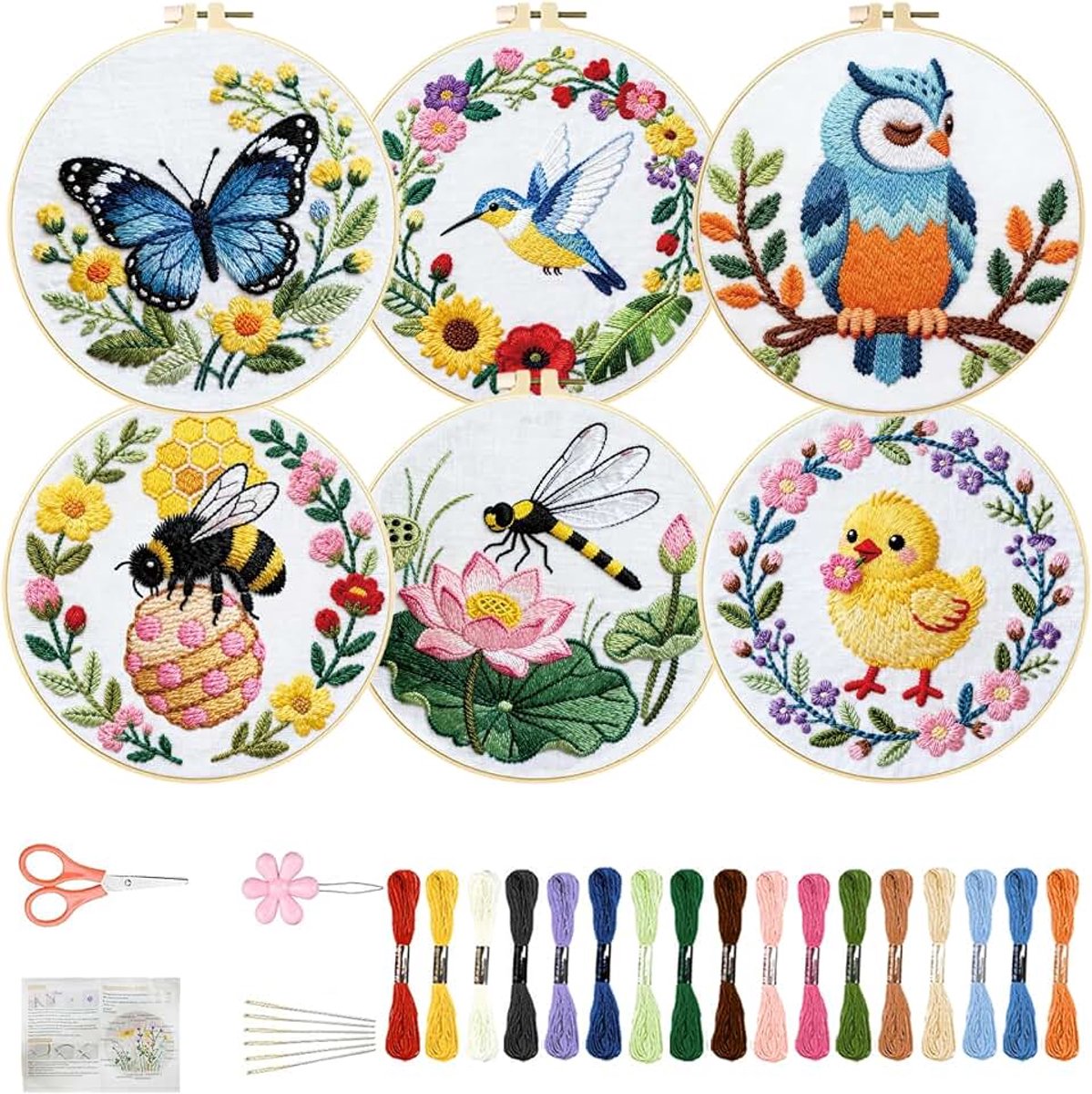 6 sets borduurset voor beginners naaldpunt borduurwerk starterskit met dieren en kransen gestempeld patronen, instructies, gekleurde draden, 2 hoepels 29,5 cm