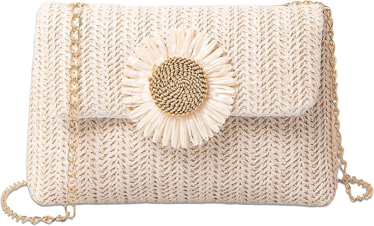 Schoudertas van stro met los te koppelen metalen ketting, handtas met bloemen, gehaakte clutch, avondtas voor zomers strand, bohemien feest, reizen, werk, winkelen