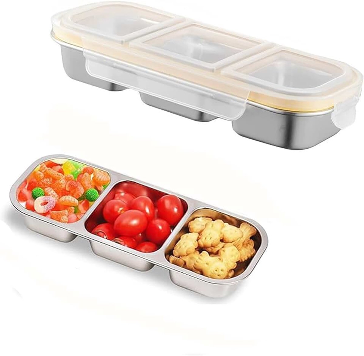 Snackbox met 3 vakken, roestvrij staal, snackbord van roestvrij staal, broodtrommel voor kinderen, voor school, werk, licht en lekvrij, snackschaal